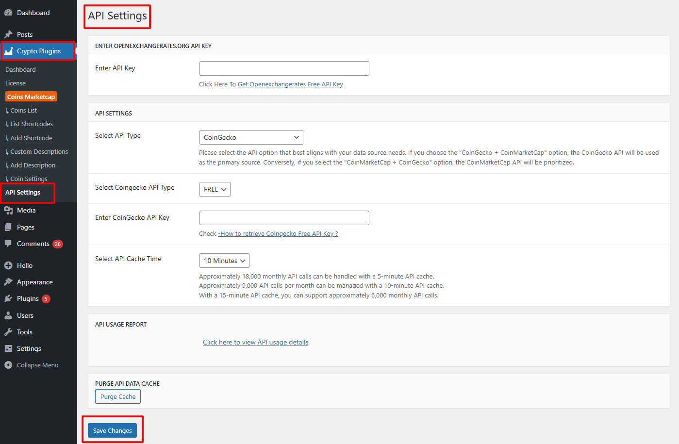 coins marketcap api settings