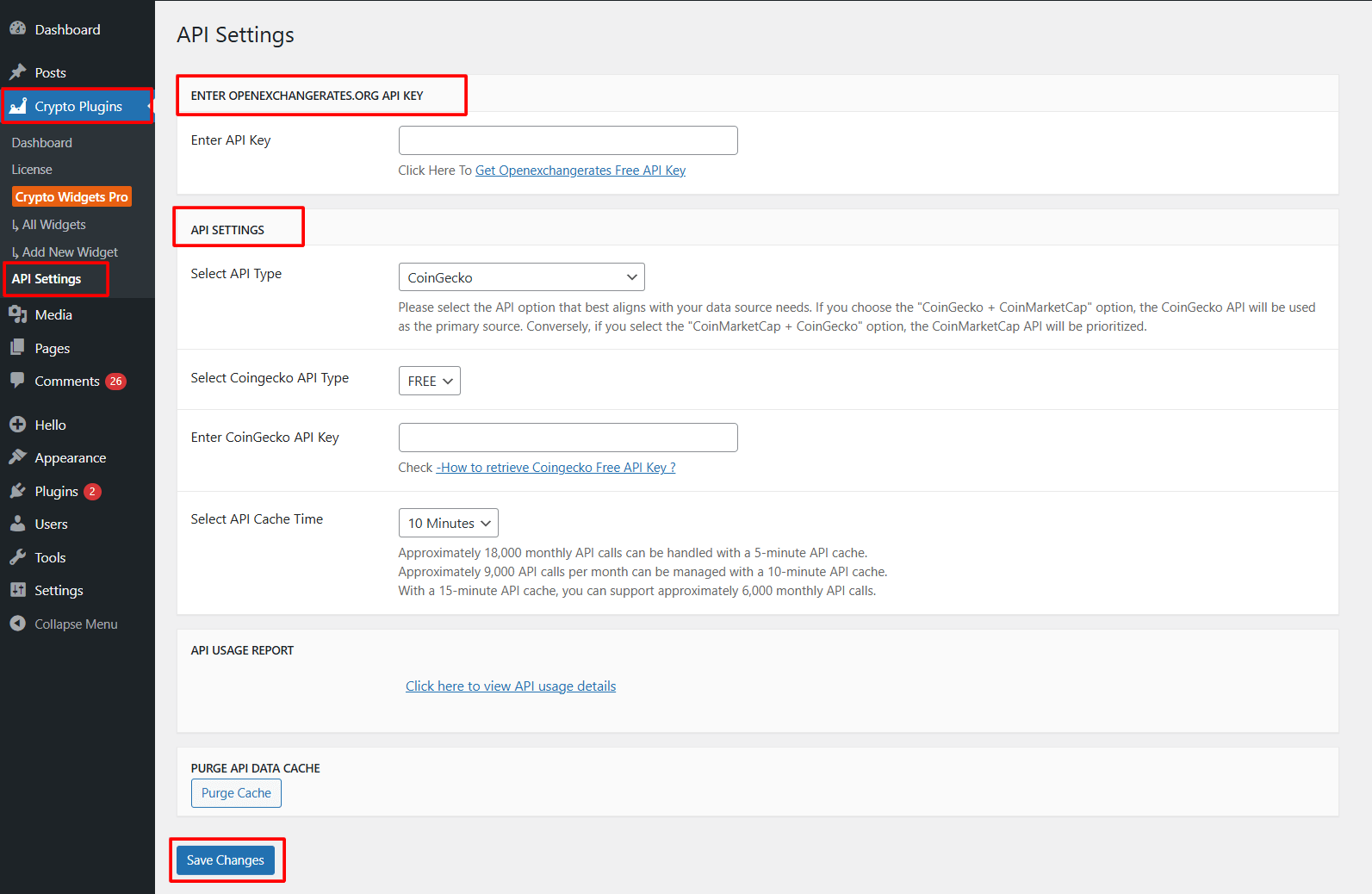 crypto widgets pro api settings