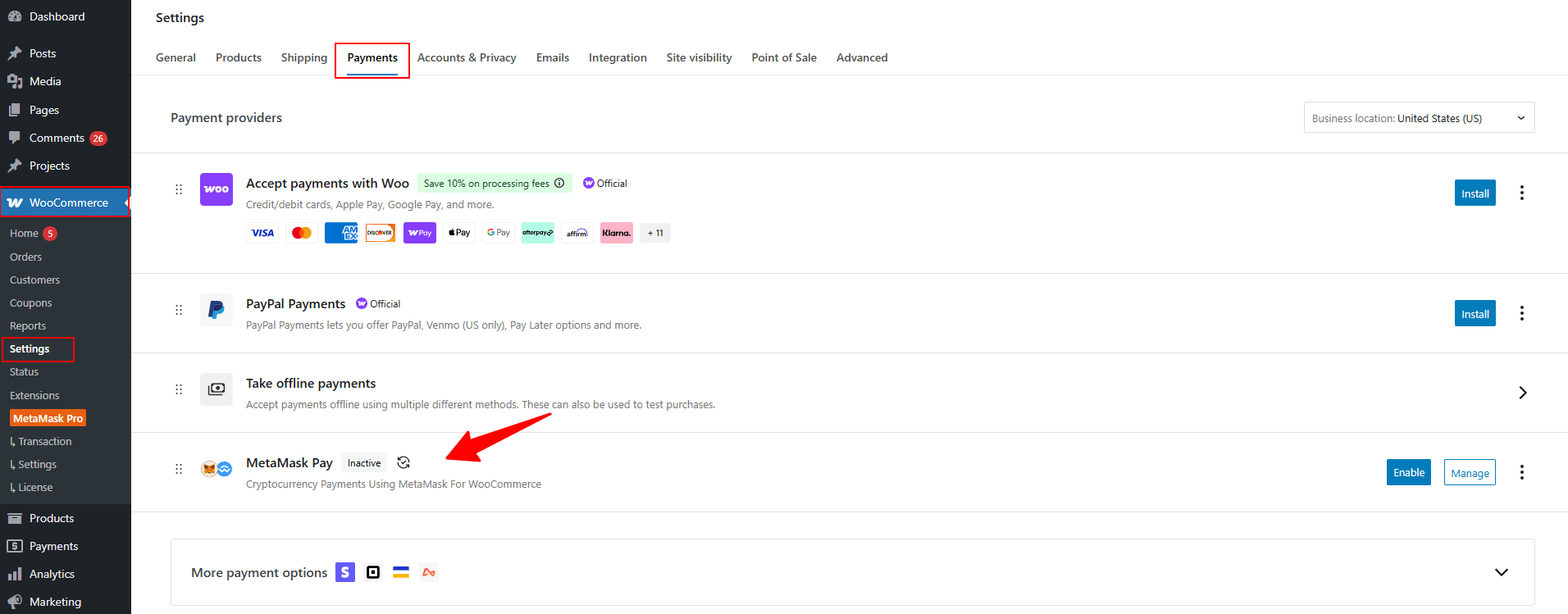 enable metamask pay option