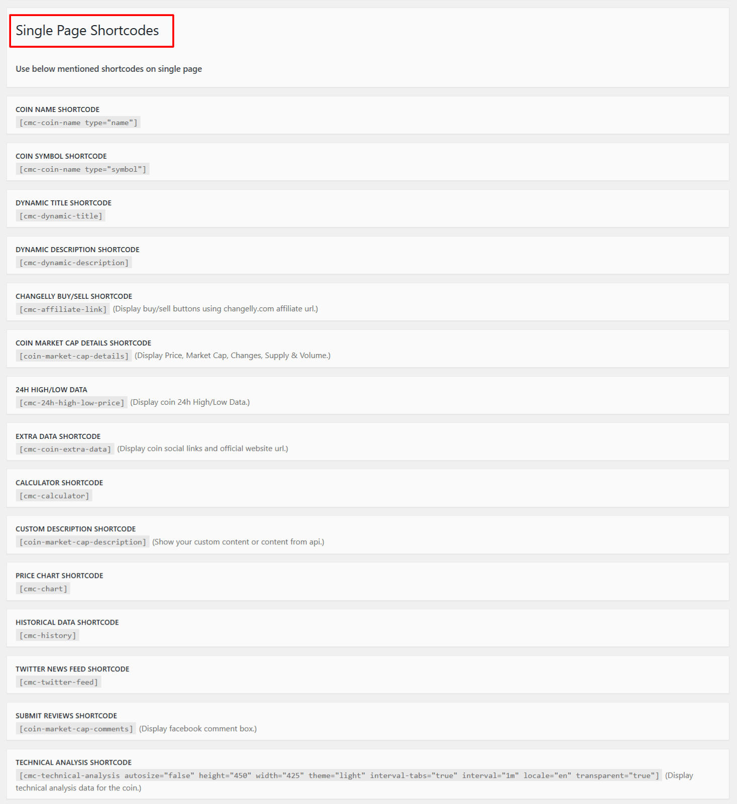 single page shortcodes